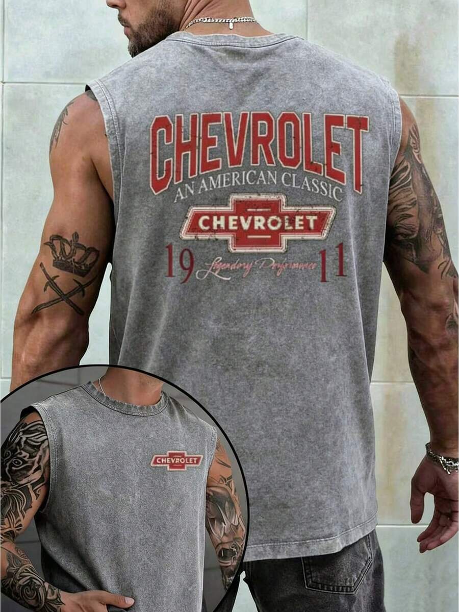 Men's Printed Vintage Washed Vest, Loose Fit, Casual Street Style, An Essential Everyday Item - Xám - Xem 1