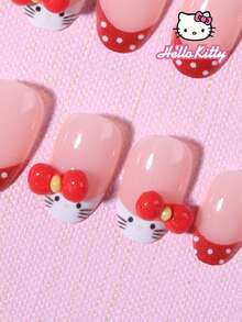SANRIO 24片Y2K风格短款椭圆形白色和红色法式美甲贴片，带波点和3D蝴蝶结设计，粉嫩少女风，完美贴合亚克力假指甲套装，包含1支果冻胶和1个指甲锉，适合女性、女孩日常、派对和聚会使用。 - 彩色 - 查看 3