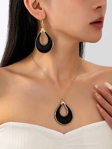 3pcs Set Minimalist Water Drop Shaped Metal Painted Earrings And Necklace Jewelry Set, Suitable For Women's Daily Wear, Holiday Gift, Romantic Present - Black - View 3