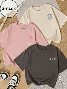 Bộ 3 áo thun nữ mùa hè mới, in chữ, kiểu dáng rộng rãi, thoải mái, đa năng, thích hợp mặc hàng ngày. - Màu hồng mơ xám - Xem 2