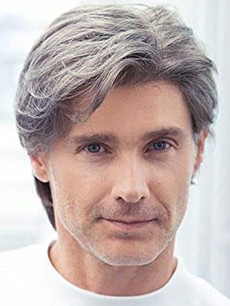 10Inch Men Short Curly Hair Wig With Side Bangs In Fashionable Natural Silver Gray Suitable For Daily Wear  Halloween Holidays Costume Parties - 銀灰色 - 查看 1