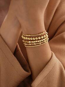 5pcs/Set New Fashionable High-End Bracelet Style Creative Elastic Beaded Bracelet Set For Women - 5 Gold Beaded Bracelets - View 4