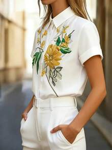 Blusa elegante de mujer de manga corta con bordado floral - Camisa de verano lavable a máquina, para uso casual o formal en la oficina y de vacaciones, primavera/verano blanco - Negro - Ver 10