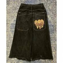 Men Men Retro Gothic High Waist Jeans Y2k Baggy Black Harajuku Hop Pattern Embroidered Blue Pants Wide Leg Jeans - 1 - 查看 11