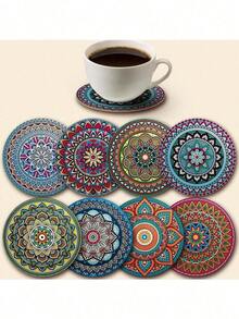 8pcs Mandala Coasters, Wooden Coaster Set, Essential For Holiday Gatherings, Suitable For Bars, Offices, And Homes, All Occasions, Size 3.94inch X 3.94inch Cocina Kitchen Essentials Kitchen Accessories - Multicolor - View 7