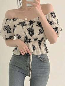 Blusa corta con cuello con volantes, estilo dulce y lindo para mujer, para verano - Albaricoque - Ver 7