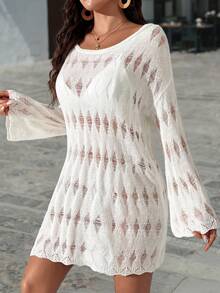 Đầm dệt kim dài tay kiểu dáng bohemian tối giản, gợi cảm, khoét lỗ, xuyên thấu, mềm mại, dáng dài đến đầu gối, màu trắng, thích hợp cho nữ mùa xuân/hè, đi dự lễ hội âm nhạc, nghỉ mát biển. - trắng - Xem 5