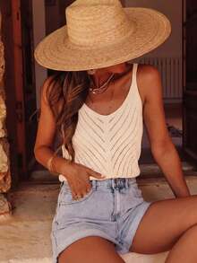 Débardeur en crochet tricoté crème pour femmes, cache-maillot décontracté pour les vacances d'été et les tenues de bord de piscine - Blanc - Voir 1