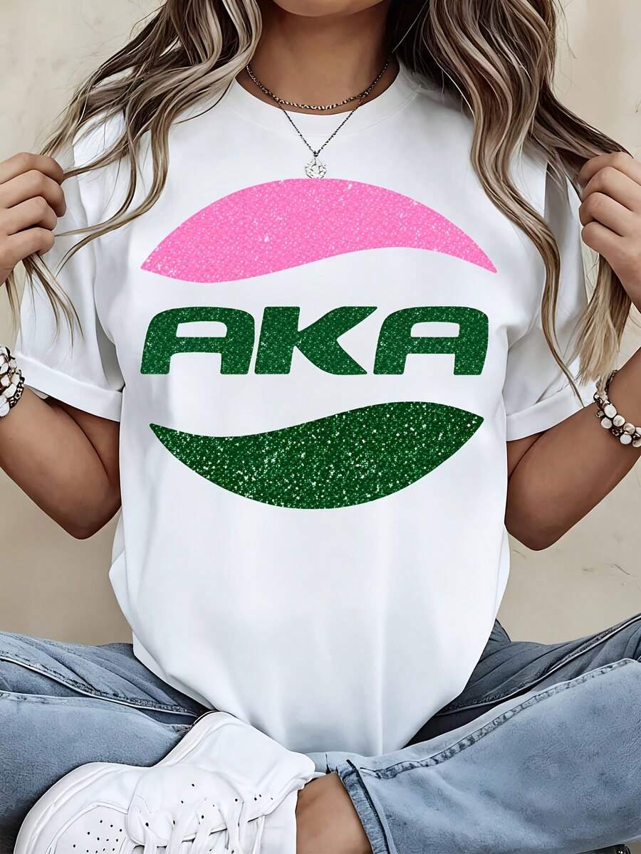 Alpha Kappa Alpha Sorority T Shirt Green And Pink Glitter Logo Design For Events And Gatherings) - 白色 - 查看 1