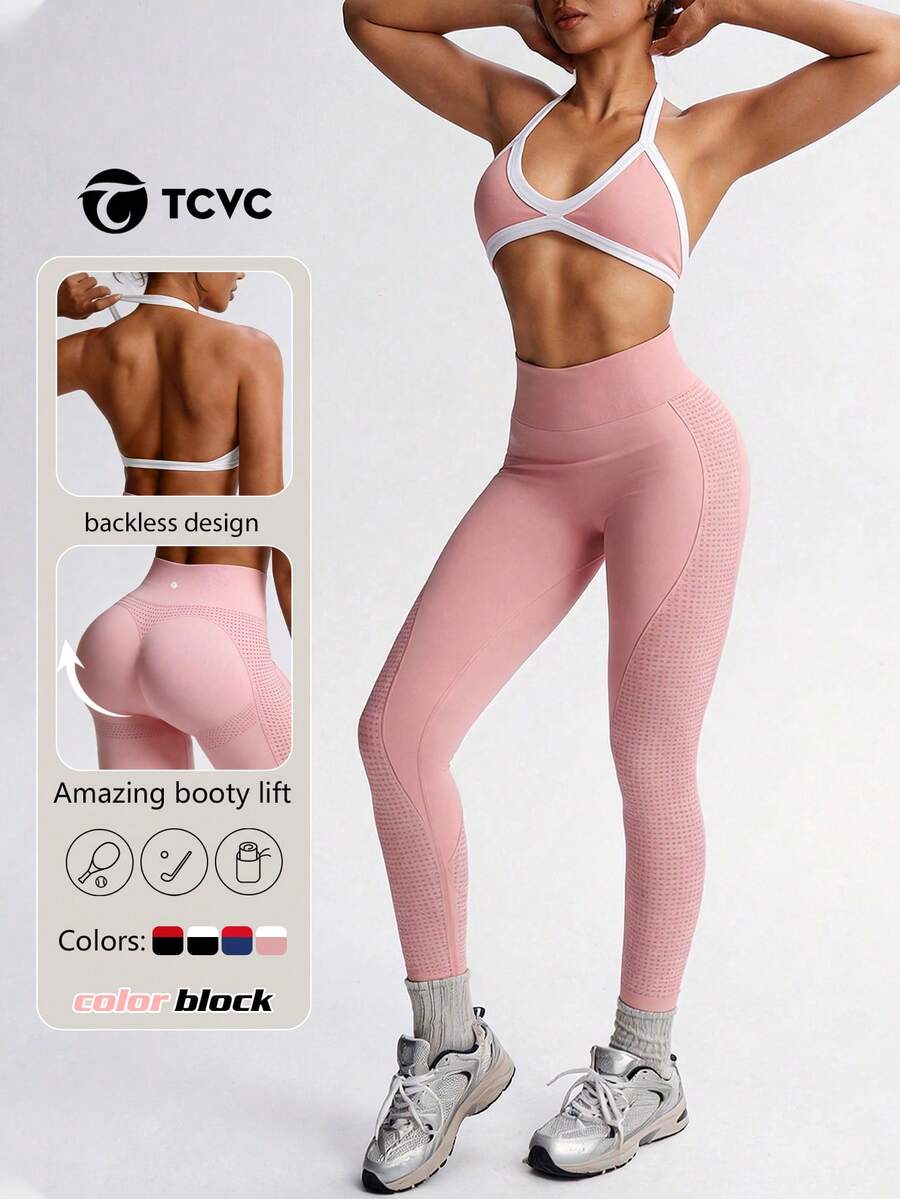 TCVC 女士撞色高弹透视运动文胸+紧身裤两件套,露背挂脖运动文胸,高腰提臀纯色紧身裤,适合跑步、瑜伽、健身、户外、休闲等场合。 - 淺粉色 - 查看 1