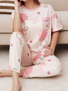 Bộ đồ mặc nhà thoải mái, rộng rãi dành cho nữ, gồm áo dài tay cổ tròn và quần dài, thích hợp cho mùa xuân/thu. - Màu be - Xem 1