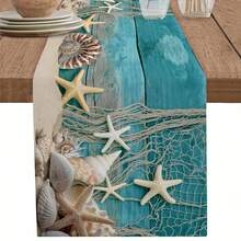 Summer Beach Starfish Shell Teal Wooden Board Texture Table Runner Party Decor Washable Farmhouse Kitchen Dining Table Runner Wedding Decorations - Multicolor - View 2