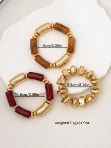 3pcs Vintage Multi-Layer Brown Acrylic Beaded Bracelet, Transformable Gold Chip Bracelet, For Women, Couples, Party, Daily Wear - 三件套 - 查看 5