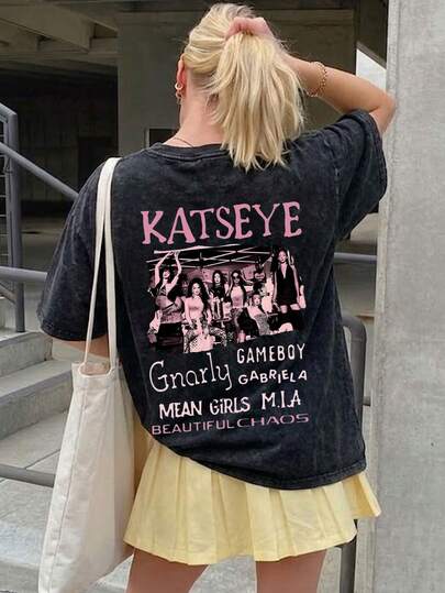 1 pièce T-shirt ample d'été à col rond pour femmes, lavé, manches courtes, imprimé thème musical, convient pour les vacances, le bureau, la sortie, le quotidien, les rendez-vous, les fêtes, les rassemblements, la rue, le carnaval, les festivals de musique, la Saint-Valentin, les occasions décontractées Noir