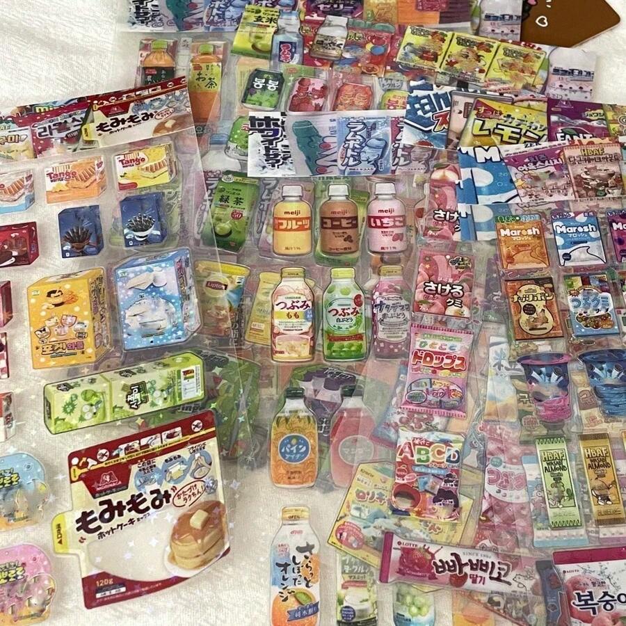 1/30pcs Cartoon Snack Laser Transparent DIY Art Stickers, Graffiti Pattern Ultra-Thin Self-Adhesive Sliding Stickers - Multicolor - View 1