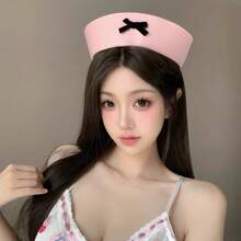 1 chiếc mũ thủy thủ màu hồng dễ thương cho nữ, mũ beret đen thắt nơ kiểu sinh viên, mũ thường ngày thanh lịch bằng vải mềm mại, thích hợp cho mùa hè, đi biển. - Nhiều màu - Xem 4