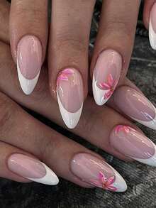 24pcs Floral Pattern French Almond Shaped Nail Tips, Acrylic Material. Includes 1pc Jelly Glue Sticker And 1pc Nail File. - Multicolor - View 7