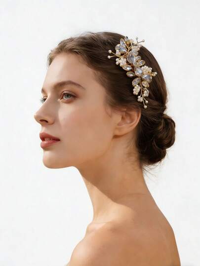 1pc Shiny Floral Print Retro Zinc Alloy Bridal Hair Comb With Pearl & Rhinestone, Luxury Pearl Hair Accessory, Elegant Bridal Hair Clip, Suitable For All Seasons