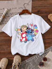 Disney DIS Lilo Stitch Hawaiian Summer Vacation Ice Cream Balloons Printed Pattern T-Shirts For Girls - Children's Clothing Design Short-Sleeved Casual And Cute Style Comfortable And Casual Wear All Year Round Suitable For Parties And Play Machine Washable Gift Children's Clothing Girls' Short-Sleeved Shirts - White - View 2