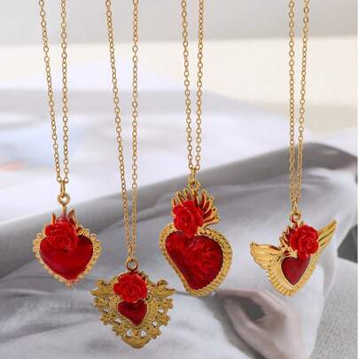 1 pieza Elegante collar de corazón de acero de titanio, regalo de lujo elegante y encantador para el Día de la Madre, adecuado para hermanas, parejas, graduación, baile de graduación; regalo de joyería exquisita para uso diario, citas, fiestas, vacaciones, regalos, verano, playa; joyería roja