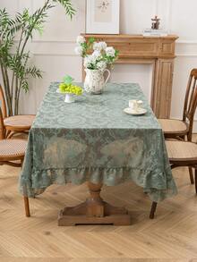 1pc Solid Color French Style Peony Ruffled Tablecloth, French Luxury Lightweight Lace With Ruffle Decor, Suitable For Dining Room, Coffee Table, Living Room, Bedroom, Kitchen, Party, Picnic, Wedding - Green - View 11