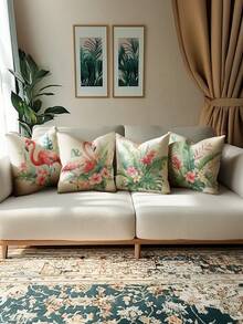 4pcs Vintage Linen-Feel Palm Leaf & Flamingo Pattern Decorative Pillow Covers, Hidden Zipper, Machine Washable, Home Decor Throw Pillow Covers For Sofa, Living Room, Bedroom, No Pillow Insert - Multicolor - View 4