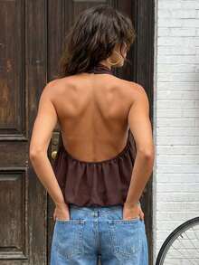 Women Cute Puffy Halterneck Top Sleeveless Open Back Tank Tops Fashion Button Neck Crop Tops Summer Y2K Loose Vest For Club Party Streetwear Going Out Outfit - 棕色 - 查看 4