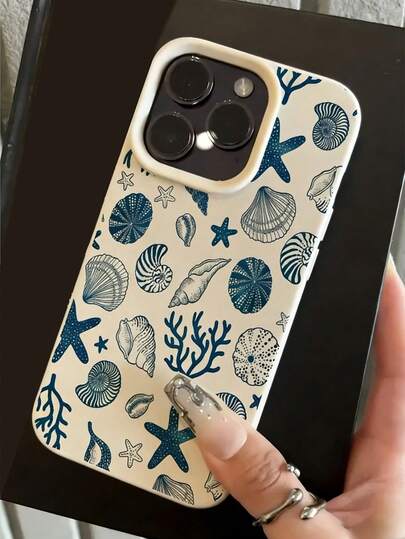 1个白色蓝色贝壳图案个性化全包覆式TPU防摔手机壳，适用于17Promax/16Promax/15Promax/17Pro/17 16 15 14 13 12 11promax