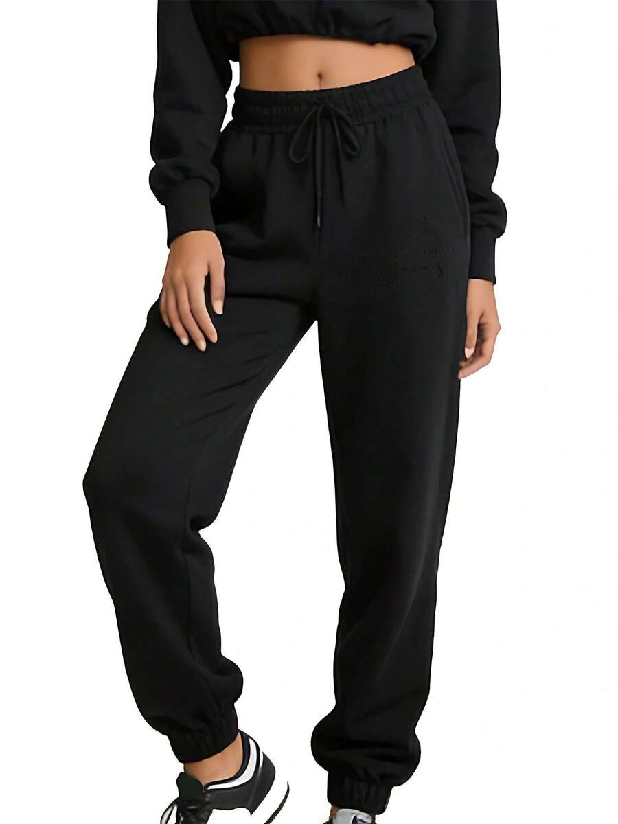 Women'S Plus Size Faith Can Move Mountains Graphic Print Casual Jogger Pants, Loose Fit Drawstring Waist Sweatpants, All-Season Comfort With Pockets, Jogging Pants - màu đen - Xem 1