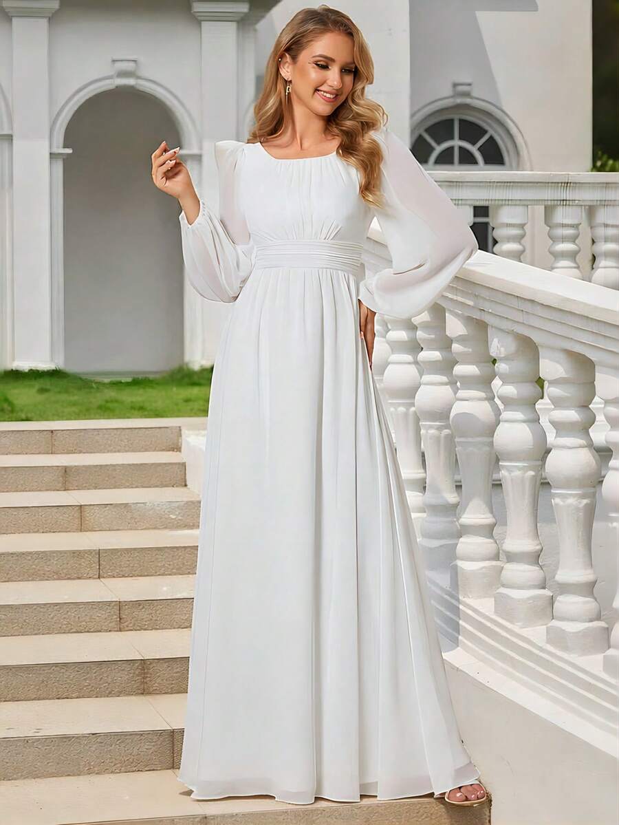 Đầm phù dâu bằng vải chiffon trắng thanh lịch, cổ tròn, tay phồng, thích hợp cho khách dự đám cưới, váy mùa xuân cho nữ, váy cưới cho cô dâu.