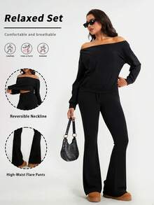 YZMJAFU Women's Spring/Summer 2-Piece Set: Drop-Shoulder Long Pullover & Drawstring Waist Sweatpants - Black - View 1