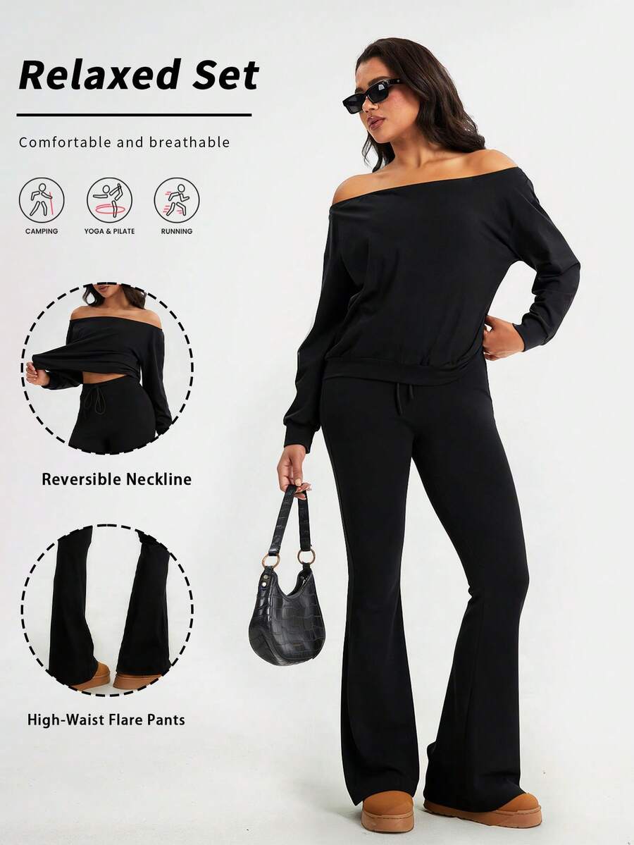YZMJAFU Women's Spring/Summer 2-Piece Set: Drop-Shoulder Long Pullover & Drawstring Waist Sweatpants - Black - View 1
