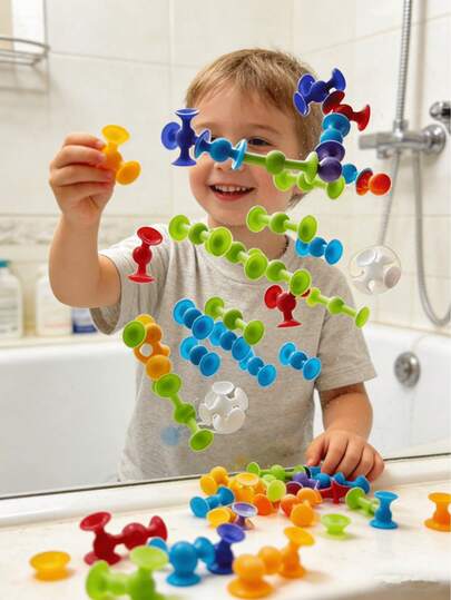 108pcs Children's Suction Cup Building Blocks Toy, Soft Rubber Construction Blocks Early Education Puzzle Toy, Suction Cups Can Stick To Windows And Walls, Travel Stress Relief Toy, Floating Bath Tub Toy, Infant Toy, Bathroom Toy, Baby Toy, Bathroom Toy, Baby Toy, Bathroom Toy, Bathroom Toy