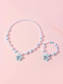 Conjunto de 2 peças com pingente de flor delicada, pérola e miçangas de vidro. Ideal para festas, escola, aniversários e como presente para meninas. Cor aleatória. - Multicolorido - Ver 12