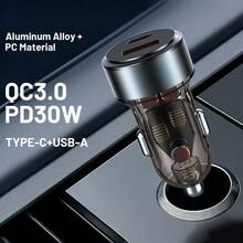 Bộ sạc ô tô hai cổng USB, hỗ trợ sạc nhanh QC3.0 và PD 30W, thiết kế pha lê trong suốt, sạc nhanh 5V cho điện thoại Android/Smartphone. - nhiều màu - Xem 10