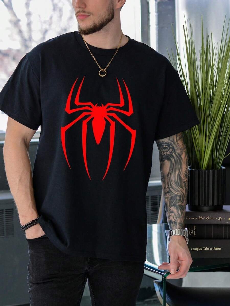Hero Themed Black T Shirt Classic Crew Neck Cotton Top, Mens Short, Mens Summer Outfits, Men's Summer Clothes, Summer Tops, Holiday Outfits, Summer Outfits Women, Summer Clothes Tween, Teen Girls Clothes Summer, Summer Clothes Teen, Matching Mum And Daughter Outfit, Shirt, Shirt, Miles Morales Shirt, Valentine's Day Gift For Him, Tee, Shirt, Superhero Shirt Constructed From Carefully Selected 100% Cotton To Ensure Natural Comfort And Good Airflow, Perfect For Regular Daily Wear, Light Outdoor Activities And Easy Matching With Various Casual Bottoms For All Age Groups. Fathers Day Gift, Gifts Specially Prepared For Fans, Gift For Kids, Friends And Family. - Black - View 1