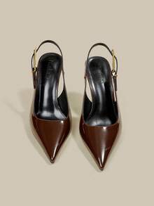 Damen Braune Lackleder Spitze Kitten Heel Pumps, elegante formelle Kleiderschuhe mit Schnallenverschluss, geschlossene Zehe High Heels für Partys - Kaffeebraun - Übersicht 5