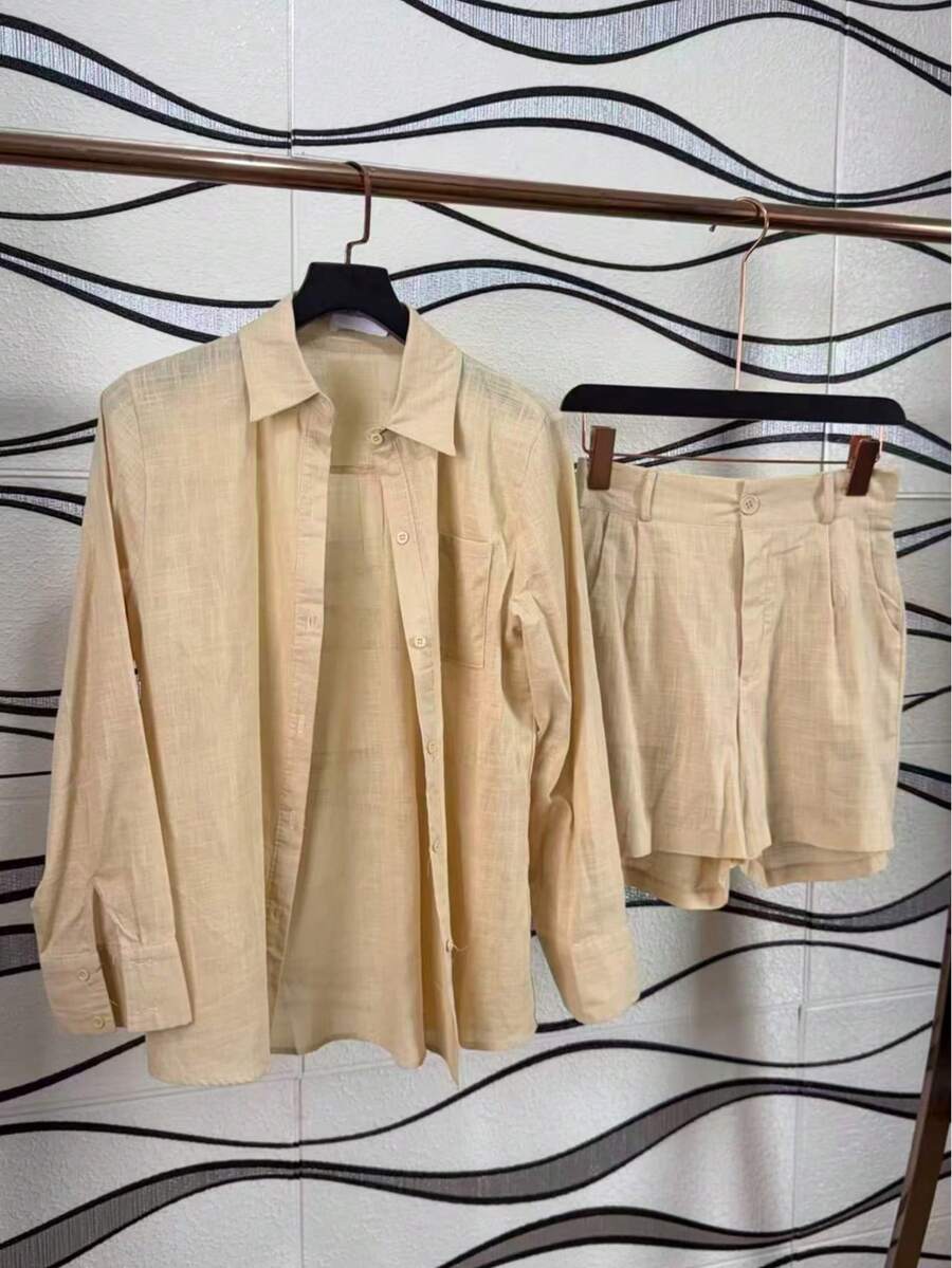 Linen Shirt And Shorts Set (2 Pieces) - Khaki With Pocket - View 1