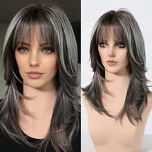 Fashionable Black & Gray Wig With Bangs, Ombre Layered Synthetic Fiber Wig, Suitable For Daily Wear - Gray Ombre - View 10