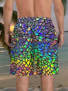 One Piece Of Men's Iridescent And Personalized Woven Fabric Smooth And Skin-Friendly For Partner Summer Pool Party Iridescent Geometric Broken Glass Print Loose Men's Beach Shorts - Multicolor - View 2