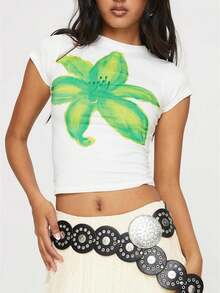 Women's Summer Floral Print Crew Neck Short Sleeve Slim Fit Tops  Soft Cotton For Daily - trắng - Xem 1