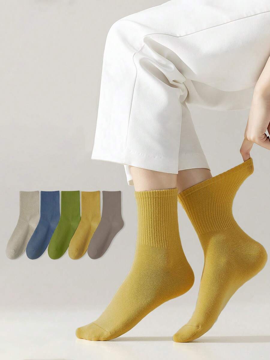1/3/5 Pairs Women's Colorful Striped & Solid Comfortable Versatile Mid-Calf Socks - Multicolor - View 1