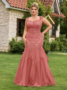 Plus Size Deep V-Neck Sequin Floral Lace & Mesh Fishtail Maxi Formal Gown, Suitable For Wedding Guest, Homecoming, Formal Dance, Birthday, Graduation Ceremony, Gala Dinner Elegant Summer - Dusty Pink - View 4