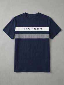 Simple Studio | Nueva camiseta casual de manga corta para hombre con bloques de color, rayas y parches con letras, adecuada para el verano, cómoda y transpirable | Moda de vanguardia - Azul Marino - Ver 5