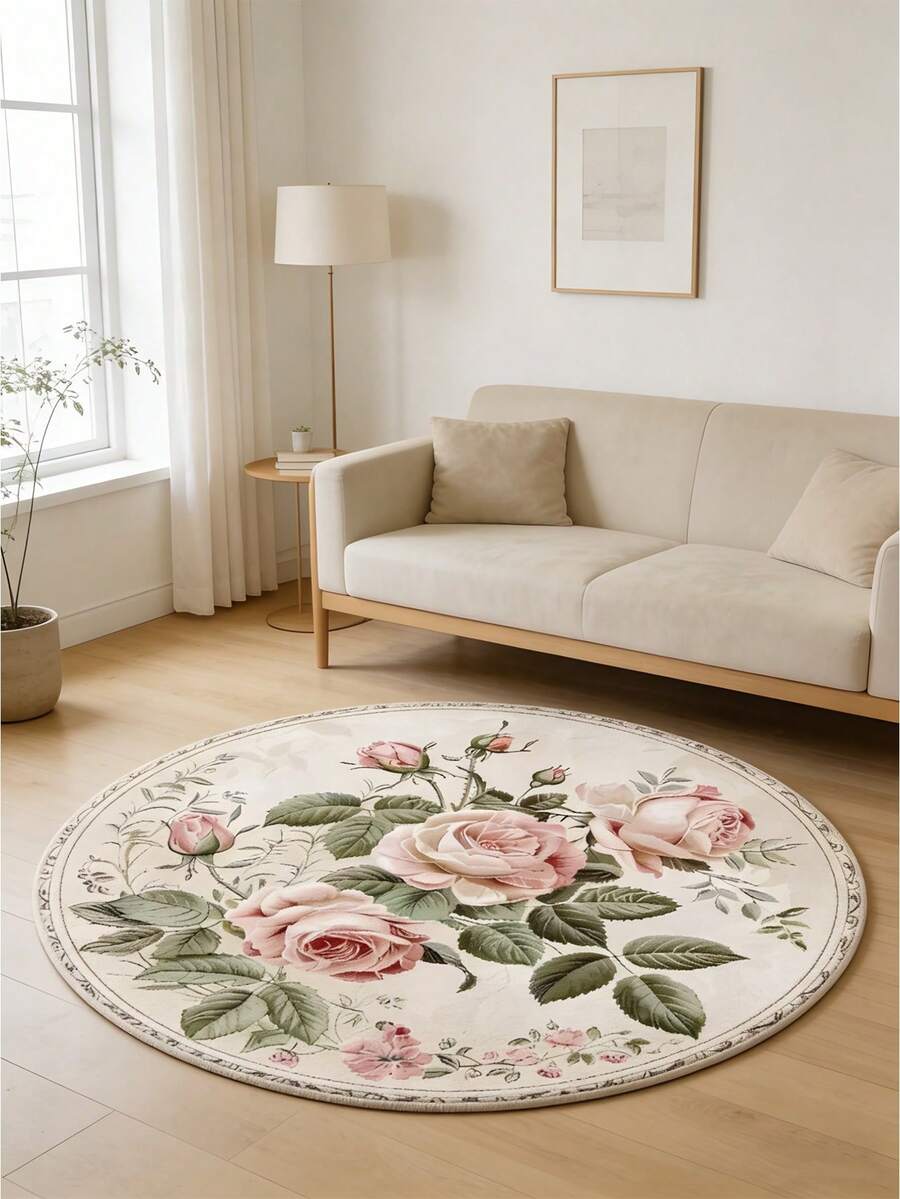1pc Rose Pattern Round Carpet, Bedroom & Dining Room Rug - Fashionable Home Decor, Mother's Day Gift, Wedding Gift, Easter Gift, Suitable For Bedroom, Living Room, Dorm, Suitable For Living Room, Bedroom, Kitchen, Entryway, Outdoor Patio, Indoor Outdoor Commercial Entrance Mat, Home Decor, Decorative Rug, Bedroom Decor, Small Rug, Carpet, Home Decor, Living Room Rug, Living Room Small Rug, Bedroom Rug
