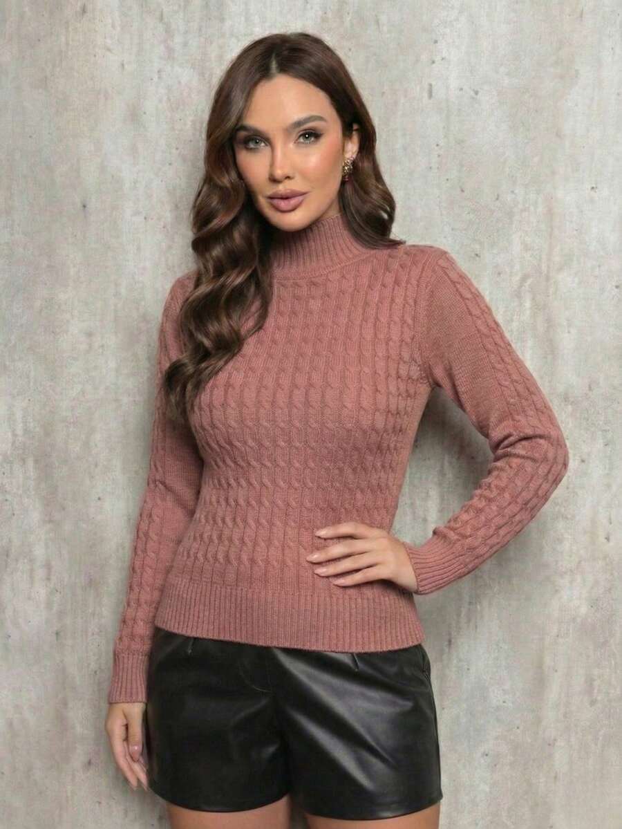 Women's Knit Blouse With Braided Modal Design, Turtleneck Style, Elegant Winter/Office Style, Uzze - Rusty Rose - View 1