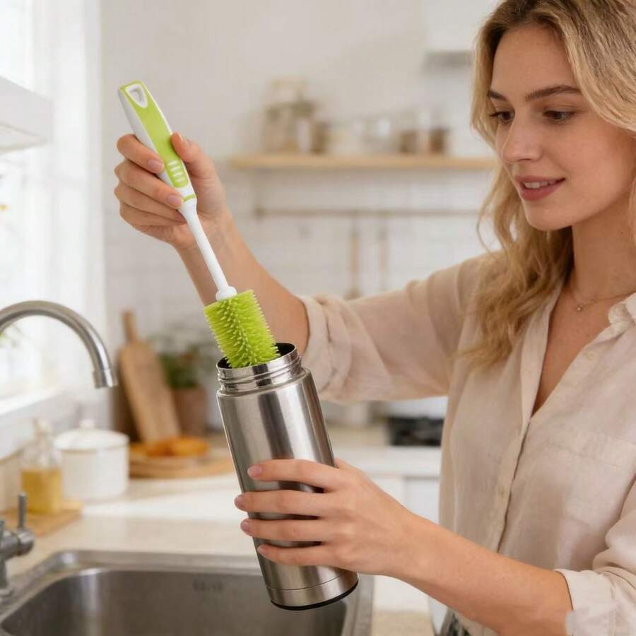 360度旋转长柄杯刷，硅胶奶瓶清洁刷，厨房清洁工具，适用于水杯、奶瓶、玻璃瓶、杯子、茶杯 - 綠色-1PC - 查看 1