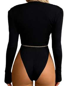 Women Long Sleeve Bodysuits Solid Color Ruched Cowl Neck Romper T-Shirt For Club Streetwear - Black - View 3