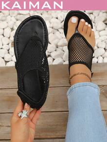 1 Pair Women's New Fashion Flat Sandals, Casual Beach Resort Fabric Hook And Loop Strap Flat Sandals, Summer - Black - View 2