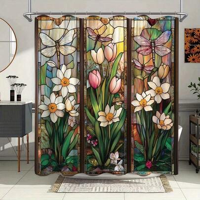1/4 件装彩色玻璃风格浴帘 - 雏菊与蜻蜓图案，柔和粉彩涤纶面料，浴室装饰，70x70 英寸，带 12 个挂钩，易于打理且经久耐用，花卉浴帘，森林场景装饰，易于维护的面料